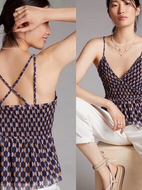NWT $70 Anthropologie Blue Motif Mesh Polyester Ruffled Pullover V-Neck Tank M